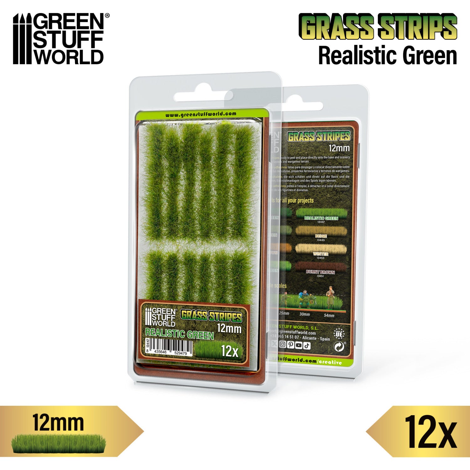 Grass Strips 12mm Realistic Green GSW - opakowanie front i tył z opisem produktu i porównaniem kolorów serii Grass Strips