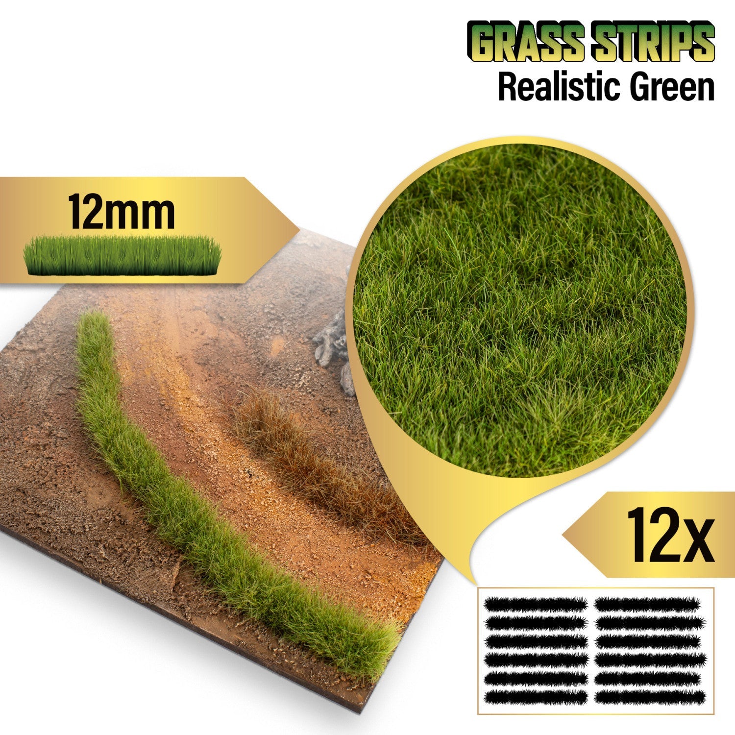 Grass Strips 12mm Realistic Green GSW - paski trawy przyklejone na makiecie terenu z piaszczystą ścieżką ze zbliżeniem na teksturę włókna