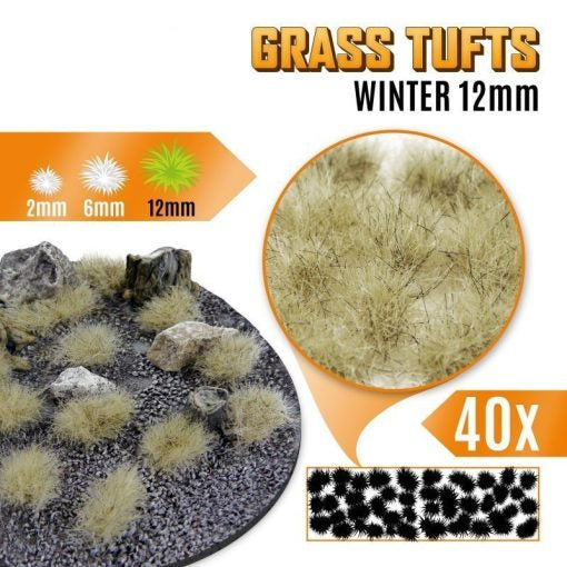 Grass Tufts 12mm Winter Green Stuff World - opakowanie blister 40 sztuk, widok z przodu i tyłu z opisem rozmiarów 6mm 12mm 22mm i skal 25mm 30mm 54mm
