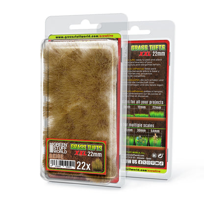 Grass Tufts XXL 22mm Beige Green Stuff World - opakowanie blister 22 sztuk, widok z przodu i tyłu z opisem rozmiarów 6mm 12mm 22mm i skal 25mm 30mm 54mm

