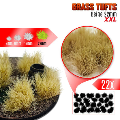 Grass Tufts XXL 22mm Beige Green Stuff World - kępki trawy na dioramie z beczką, porównanie rozmiarów 2mm 6mm 12mm 22mm i zbliżenie na teksturę włókien
