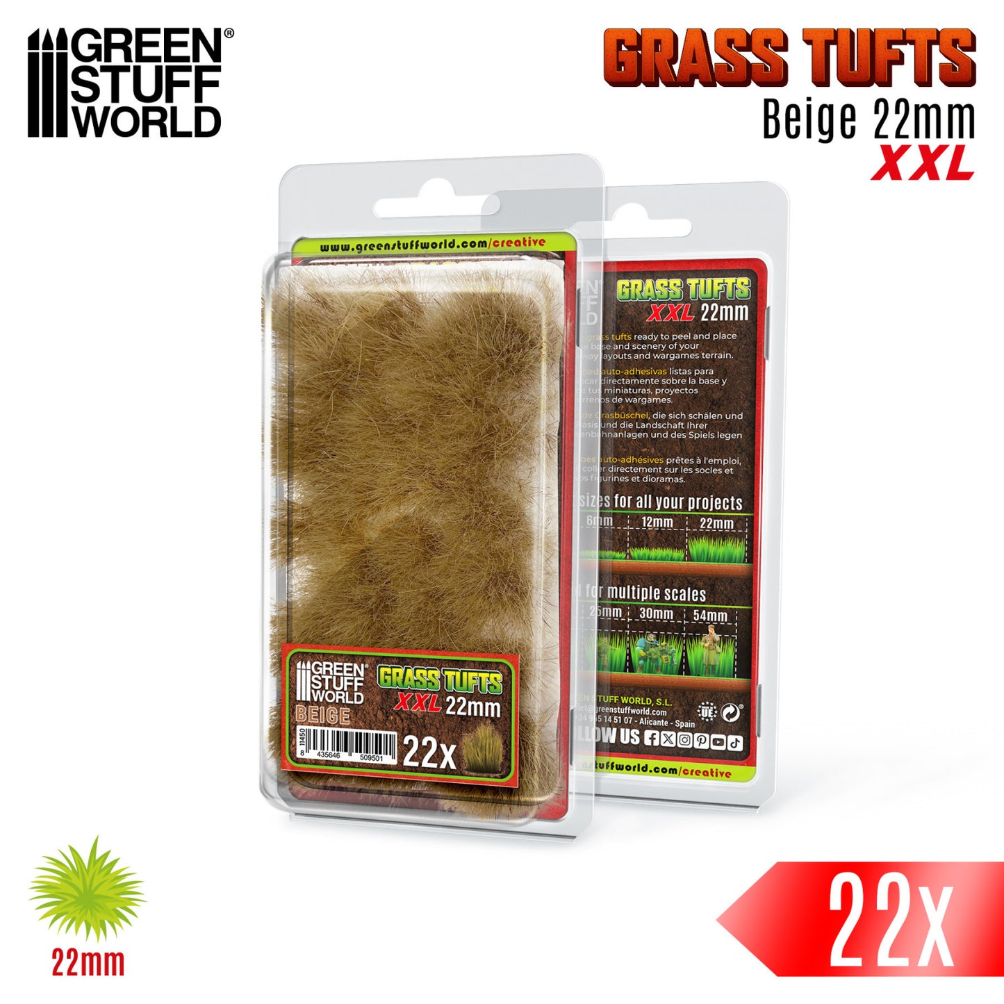 Grass Tufts XXL 22mm Beige Green Stuff World - opakowanie blister z opisem rozmiarów 6mm 12mm 22mm i skal 25mm 30mm 54mm, widok z przodu i tyłu
