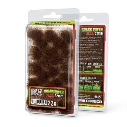 Grass Tufts XXL 22mm Burnt Green Stuff World - opakowanie blister 22 sztuk, widok z przodu z opisem rozmiarów 6mm 12mm 22mm i skal 25mm 30mm 54mm
