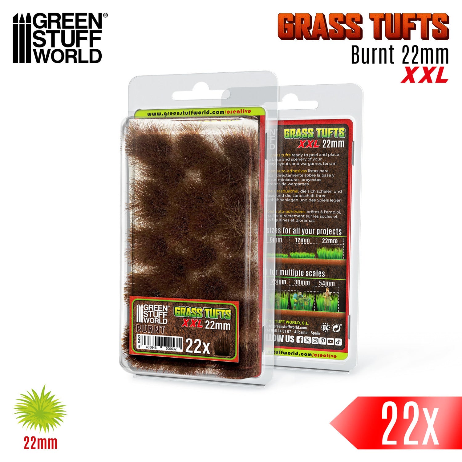Grass Tufts XXL 22mm Burnt Green Stuff World - opakowanie blister z opisem rozmiarów 6mm 12mm 22mm i skal 25mm 30mm 54mm, widok z przodu i tyłu
