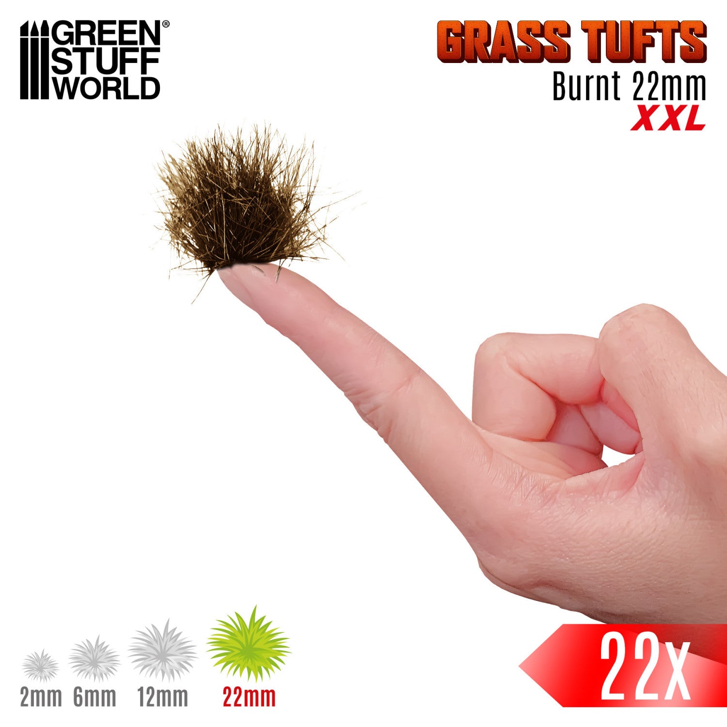 Grass Tufts XXL 22mm Burnt Green Stuff World - kępka spalonej trawy trzymana na palcu, skala rozmiaru XXL 22mm z porównaniem 2mm 6mm 12mm
