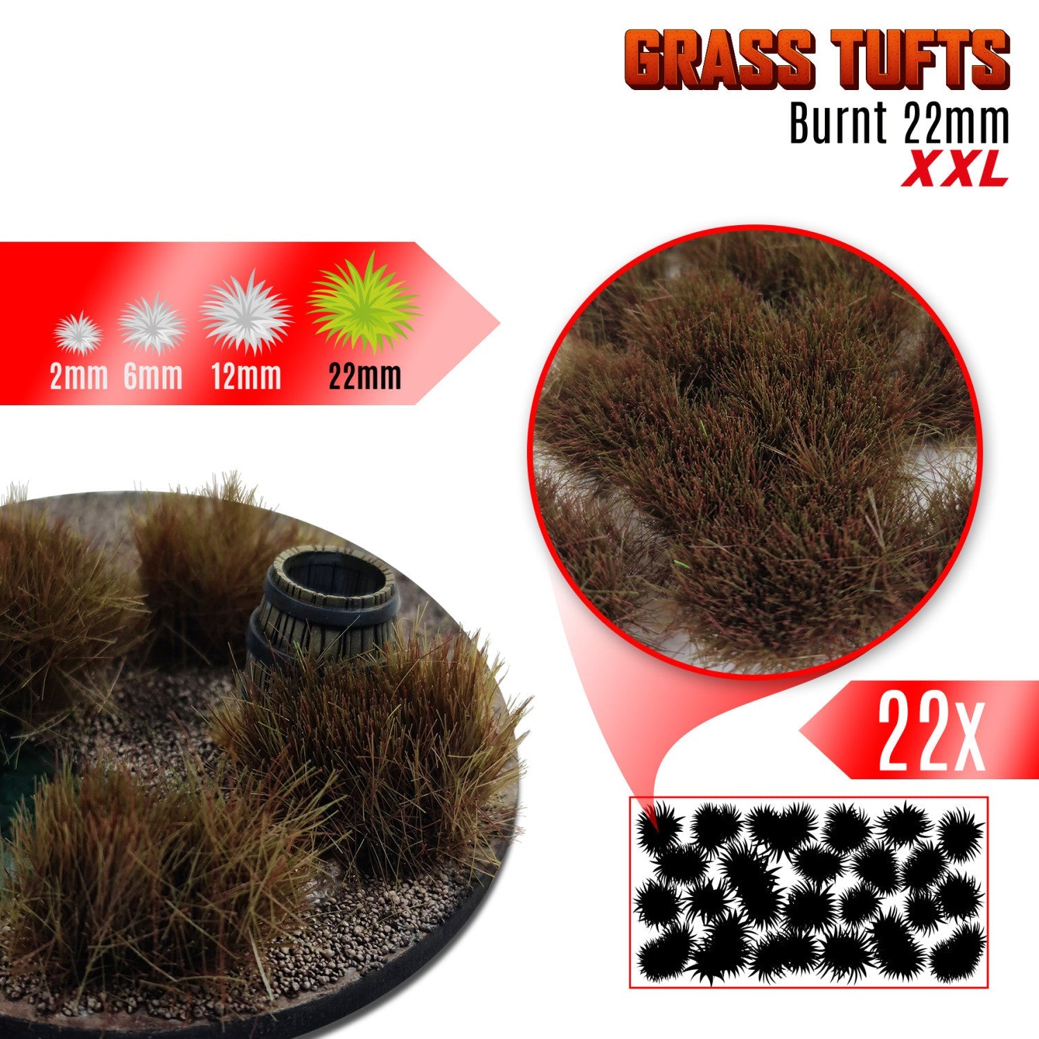 Grass Tufts XXL 22mm Burnt Green Stuff World - kępki spalonej trawy na dioramie z beczką, porównanie rozmiarów 2mm 6mm 12mm 22mm i zbliżenie na teksturę włókien
