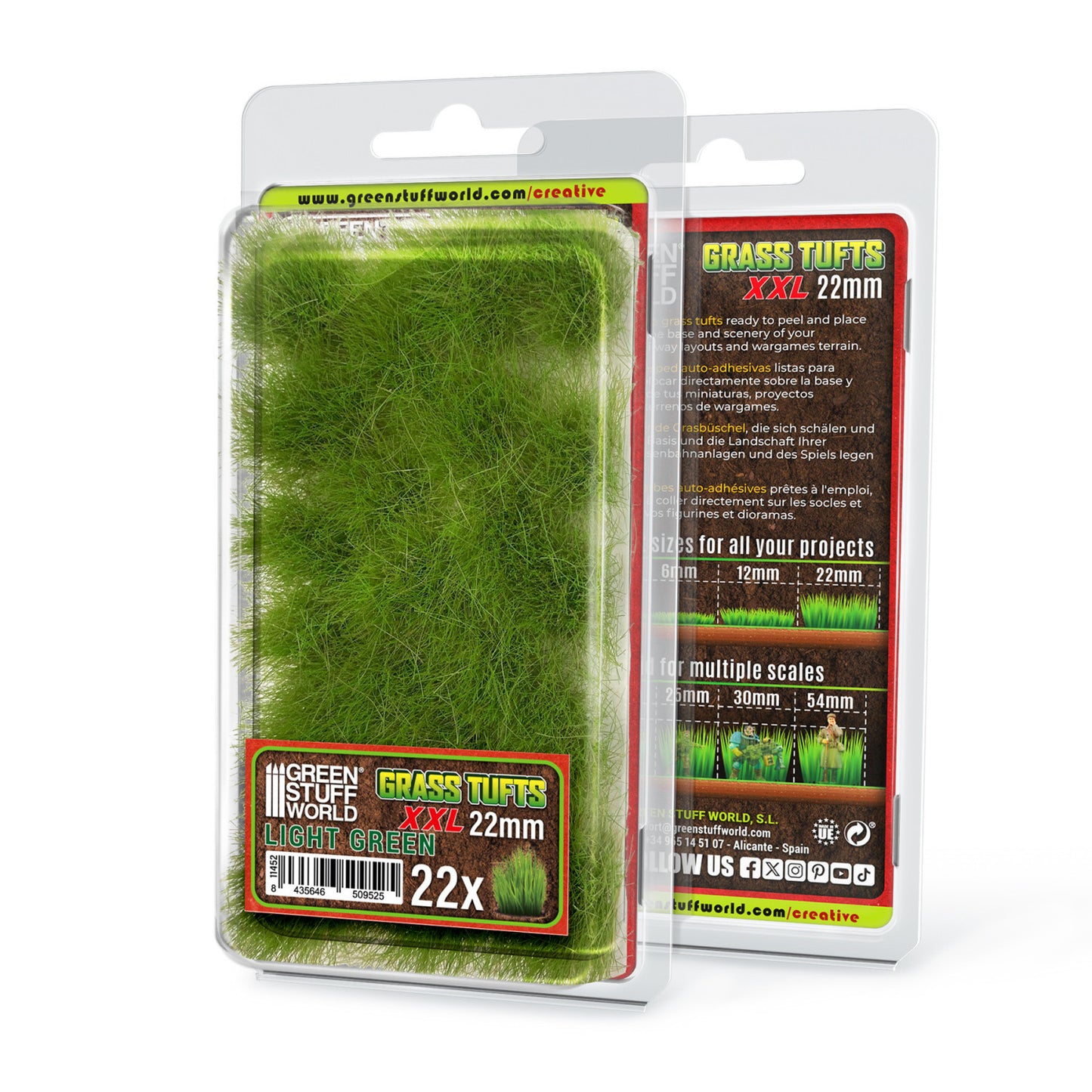 Grass Tufts XXL 22mm Light Green Green Stuff World - opakowanie blister 22 sztuk, widok z przodu i tyłu z opisem rozmiarów i skal
