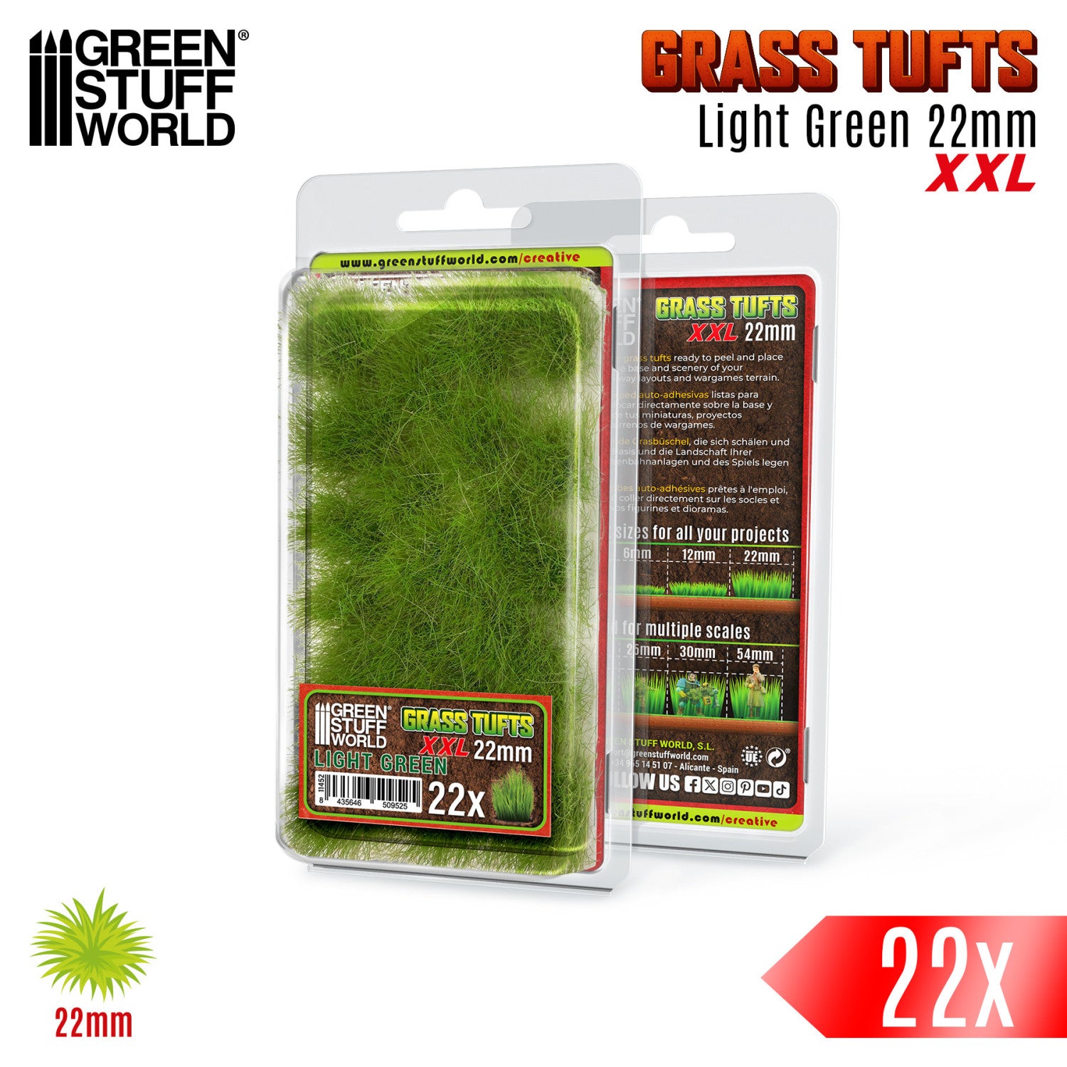 Grass Tufts XXL 22mm Light Green Green Stuff World - opakowanie blister z opisem rozmiarów 6mm 12mm 22mm i skal 25mm 30mm 54mm
