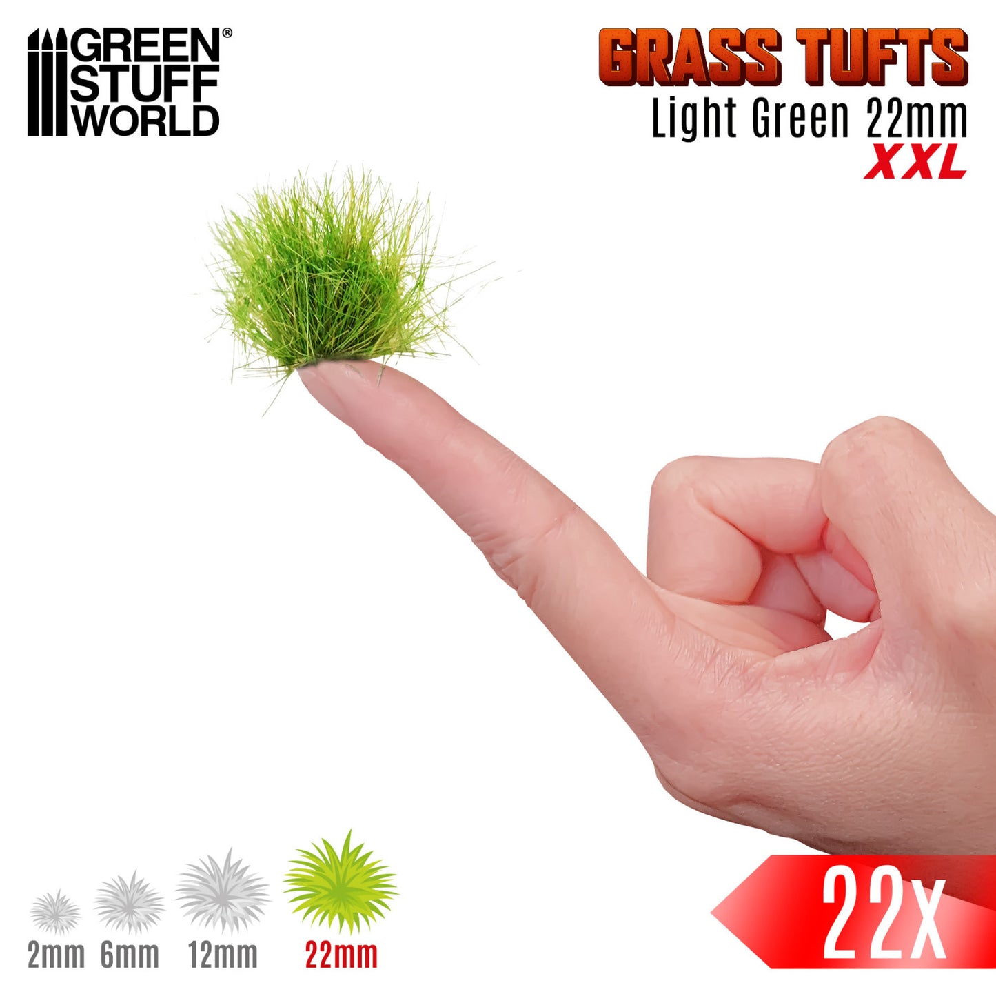 Grass Tufts XXL 22mm Light Green Green Stuff World - kępka trawy trzymana na palcu, skala rozmiaru XXL 22mm z porównaniem 2mm 6mm 12mm
