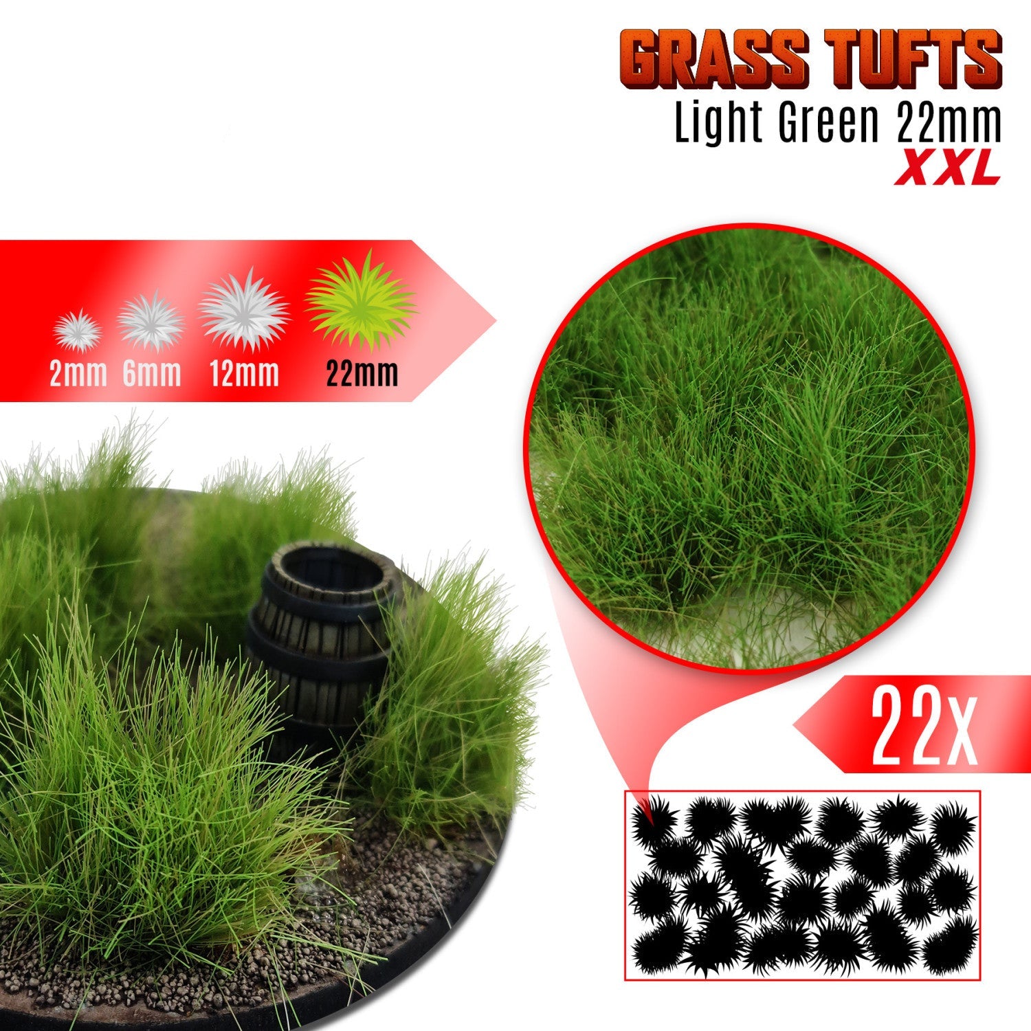 Grass Tufts XXL 22mm Light Green Green Stuff World - kępki trawy na dioramie z beczką, porównanie rozmiarów 2mm 6mm 12mm 22mm i układ 22 sztuk na arkuszu
