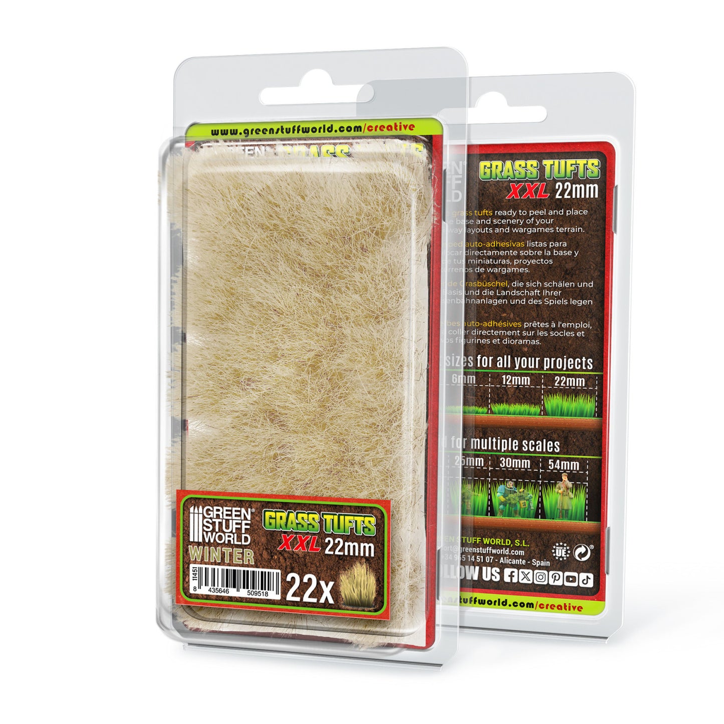 Grass Tufts XXL 22mm Winter Green Stuff World - opakowanie 22 samoprzylepnych kępek trawy zimowej, widok z przodu i tyłu
