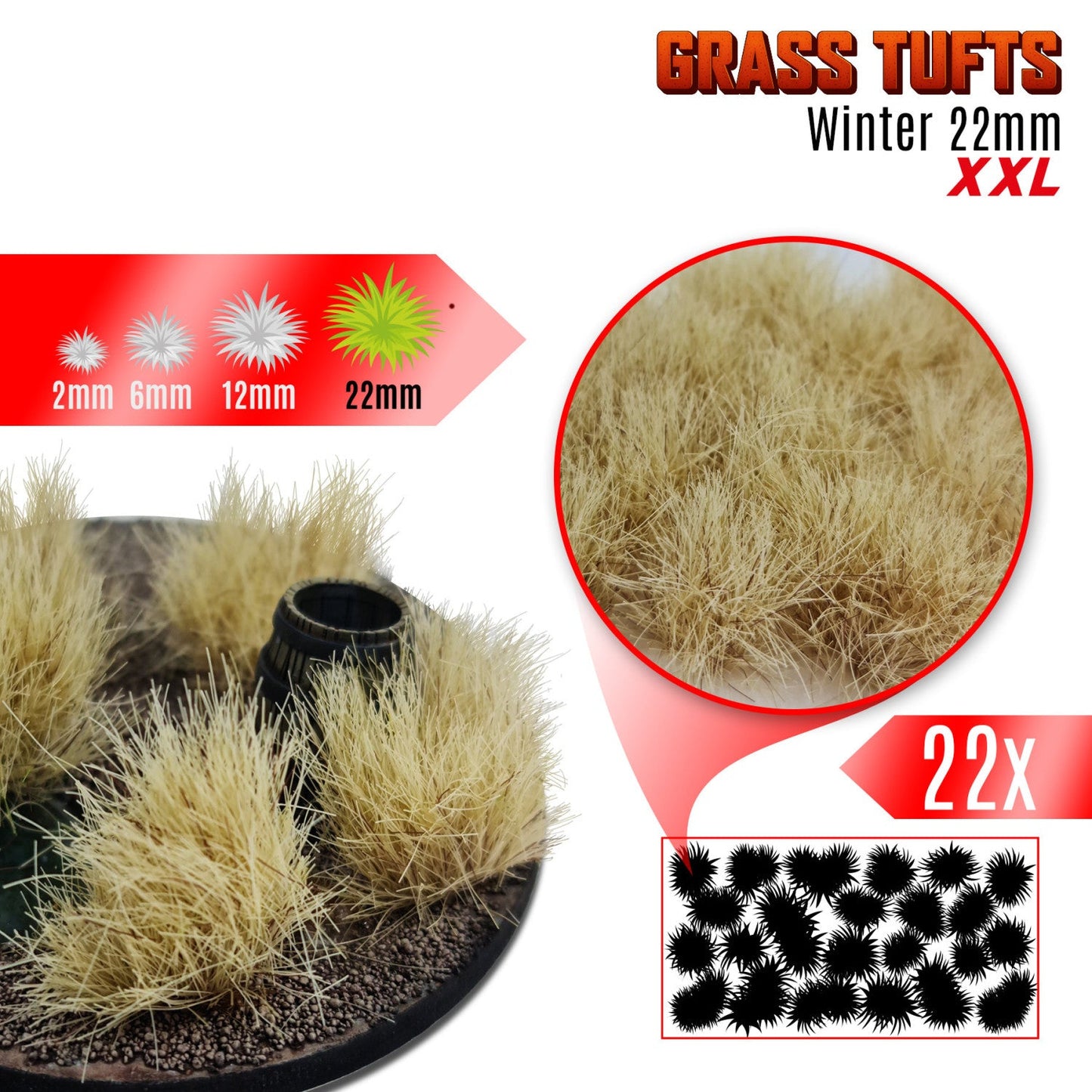 Grass Tufts XXL 22mm Winter Green Stuff World - kępki trawy zimowej na bazie figurki, porównanie rozmiarów 2mm 6mm 12mm 22mm
