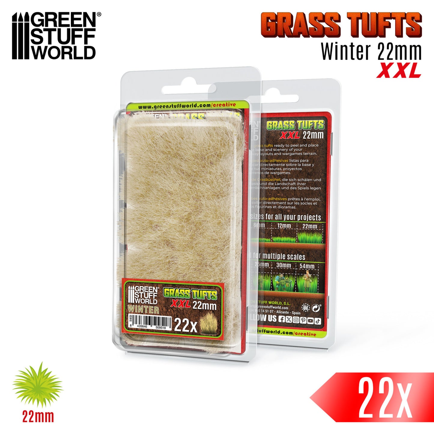 Grass Tufts XXL 22mm Winter Green Stuff World - opakowanie blister z kępkami trawy zimowej, widok z przodu i tyłu z opisem
