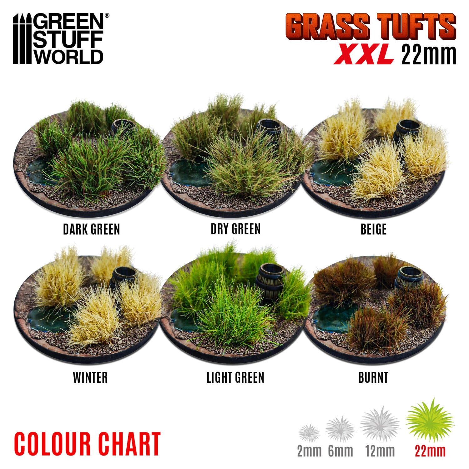 Grass Tufts XXL 22mm Green Stuff World - paleta kolorów serii: Dark Green, Dry Green, Beige, Winter, Light Green, Burnt
