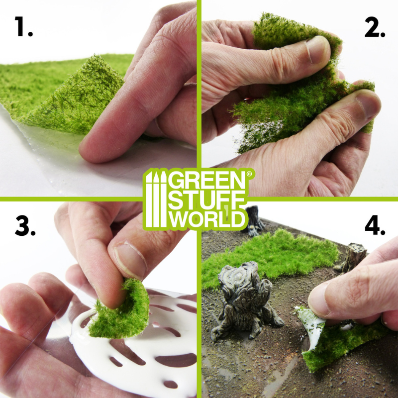 Grass Mats Beige Green Stuff World – instrukcja użycia: zginanie, formowanie i przyklejanie arkusza trawy na podstawkę figurki tabletop
