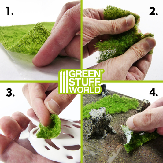 Grass Mats Beige Green Stuff World – instrukcja użycia: zginanie, formowanie i przyklejanie arkusza trawy na podstawkę figurki tabletop
