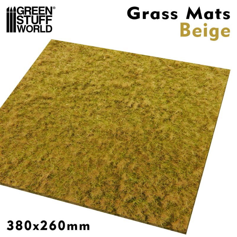Grass Mats Beige 380x260mm – arkusz trawy beżowej Green Stuff World 2470, widok produktu z logo i wymiarami

