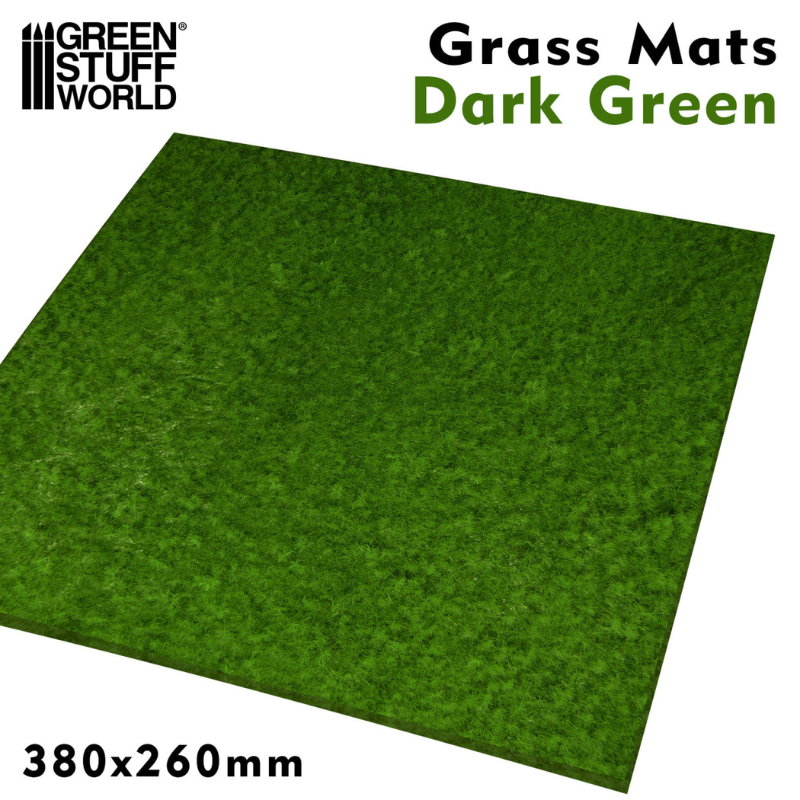Grass Mats Dark Green 380x260mm – arkusz trawy ciemnozielonej Green Stuff World 2469, widok produktu z logo i wymiarami
