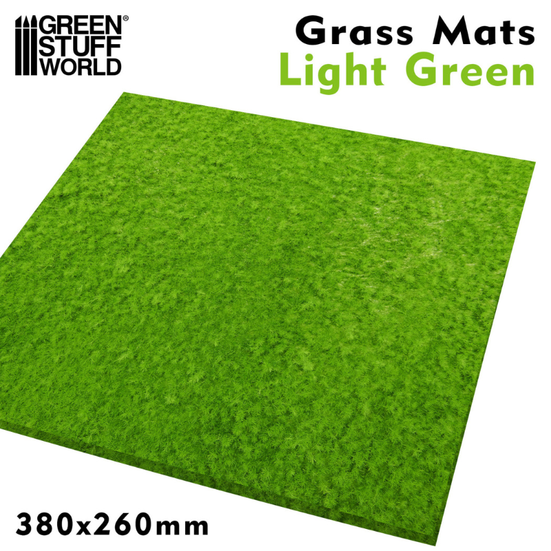 Grass Mats Light Green 380x260mm – arkusz trawy jasnozielonej Green Stuff World 2468, widok produktu z logo i wymiarami
