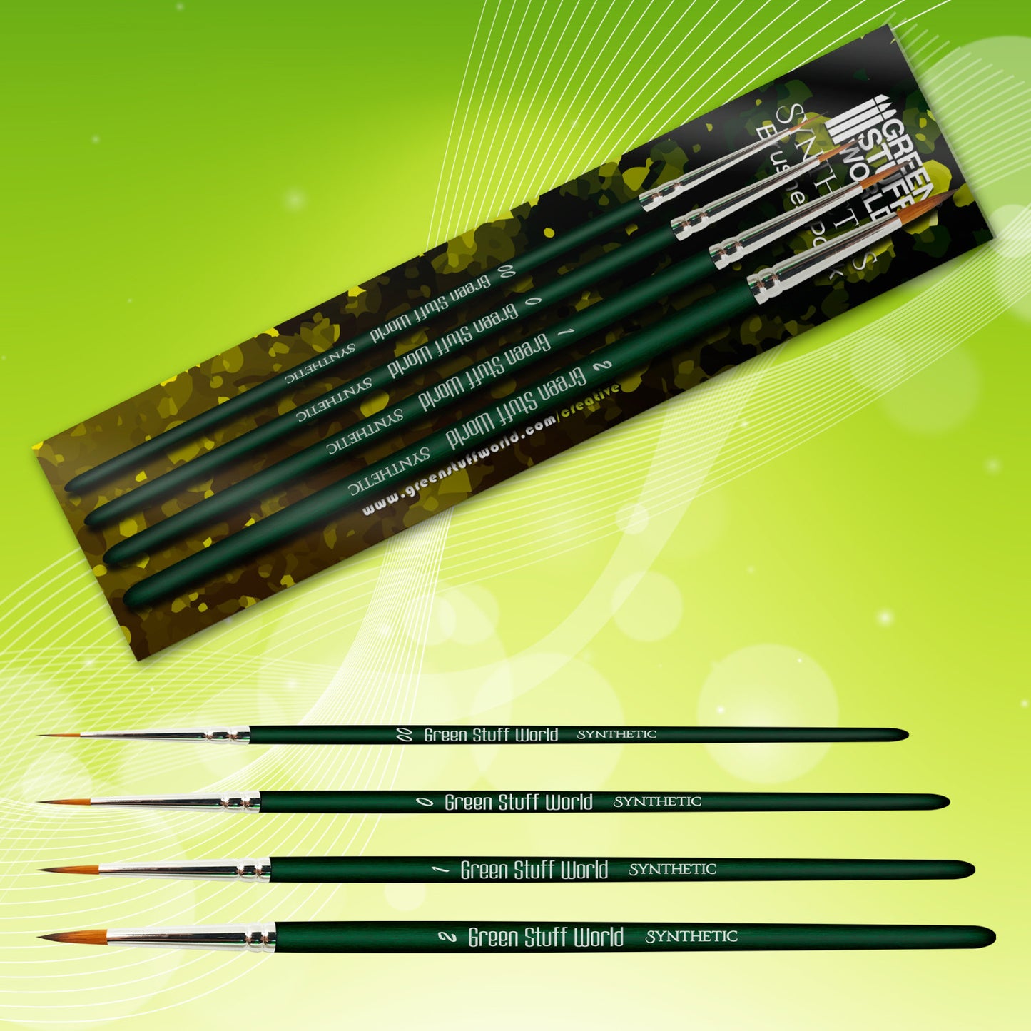 Green Stuff World Green Series Synthetic Brush Set - zestaw 4 syntetycznych pędzli okrągłych rozmiary 00 0 1 2 do malowania figurek tabletop