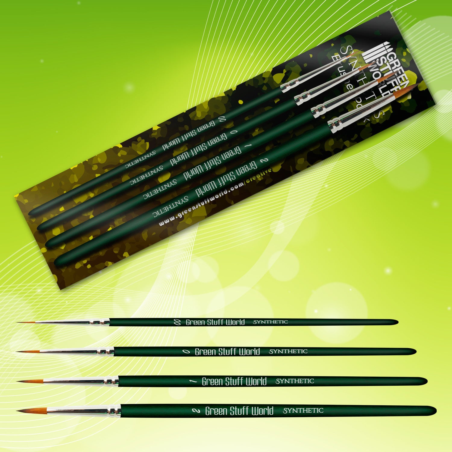 Green Stuff World Green Series Synthetic Brush Set - zestaw 4 syntetycznych pędzli okrągłych rozmiary 00 0 1 2 do malowania figurek tabletop