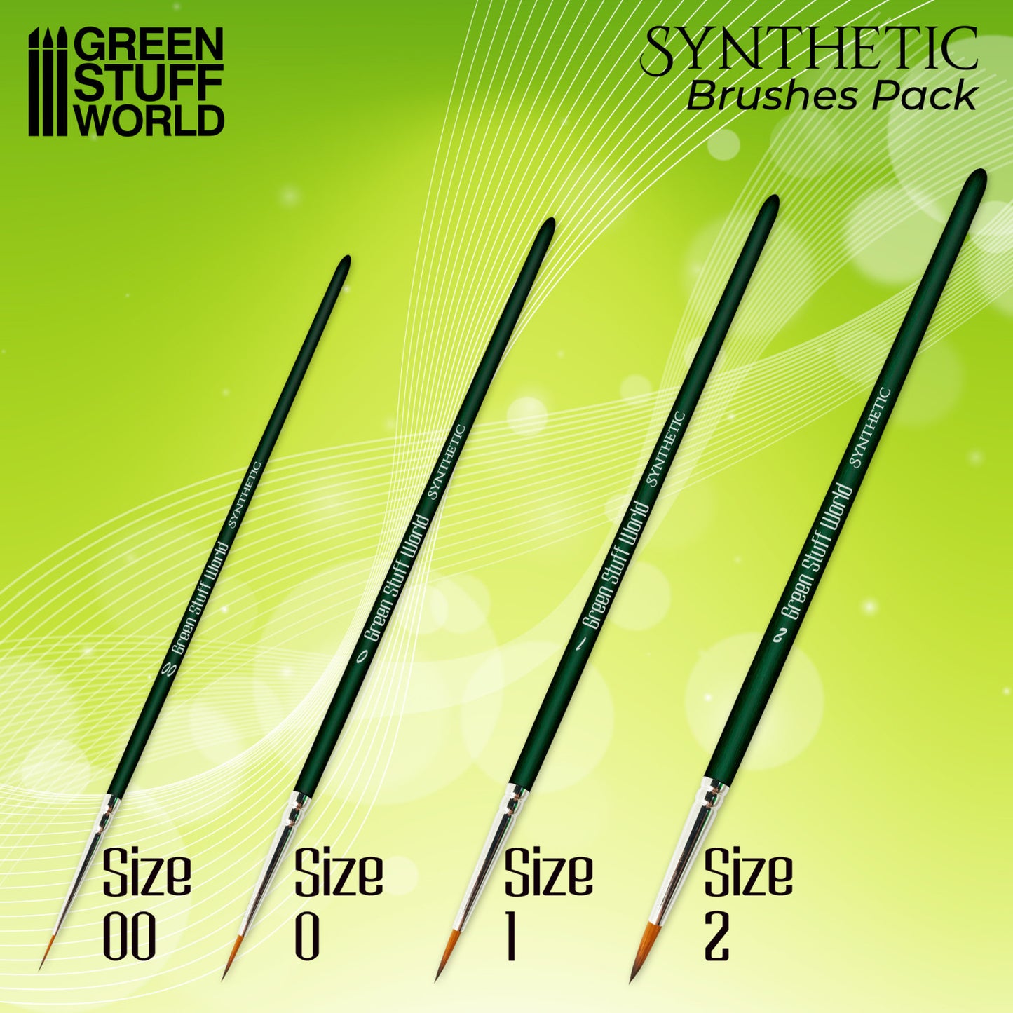Green Stuff World Green Series Synthetic Brush Set - porównanie rozmiarów pędzli 00 0 1 2 z zielonymi rączkami