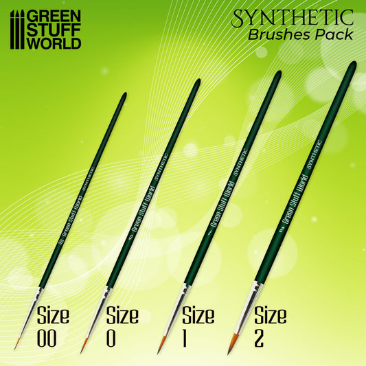 Green Stuff World Green Series Synthetic Brush Set - porównanie rozmiarów pędzli 00 0 1 2 z zielonymi rączkami