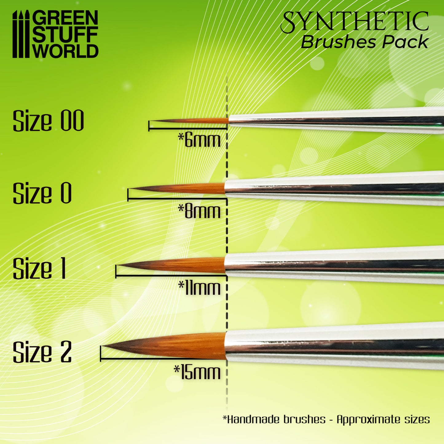 Green Stuff World Green Series Synthetic Brush Set - długość włosia: 00=6mm, 0=8mm, 1=11mm, 2=15mm
