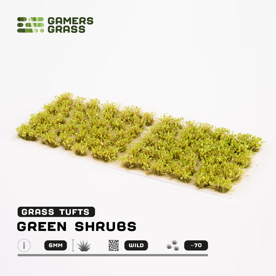 Green Shrub 6mm Wild Gamers Grass - arkusz kępek krzewów na białym tle z logo Gamers Grass i opisem produktu: Grass Tufts 6mm Wild 70x
