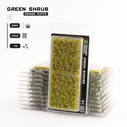 Green Shrub 6mm Wild Gamers Grass - opakowanie blister ze stosem produktów, widok z przodu z arkuszem 70 intensywnie zielonych kępek krzewów i oznaczeniem 6mm Wild 70x
