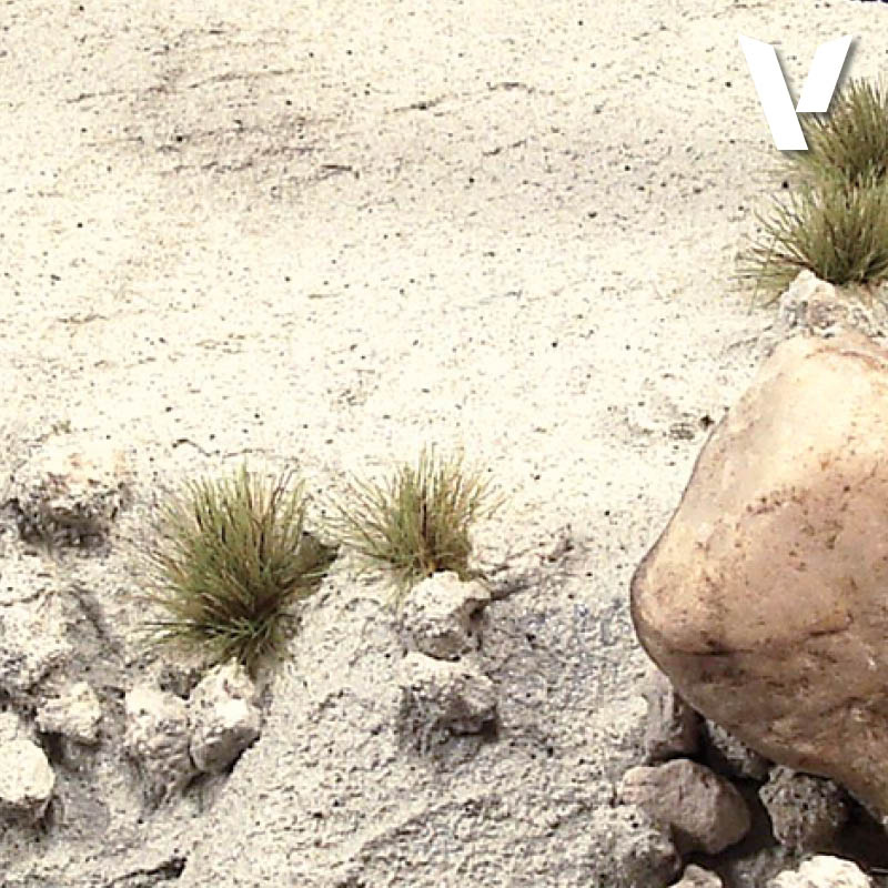 Vallejo Ground Texture Grey Sand 26.232 – efekt zastosowania pasty na dioramie: szary piasek z kępkami trawy i kamieniami