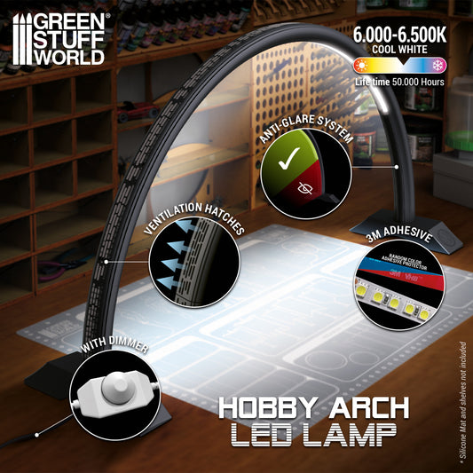 Hobby Arch LED Lamp Darth Black Green Stuff World – czarna łukowa lampa LED oświetlająca matę silikonową na stanowisku malarskim, infografika z detalami: otwory wentylacyjne, system antyodblaskowy, dimmer, taśma LED 3M, temperatura barwowa 6000-6500K Cool White, żywotność 50 000 godzin, logo GSW
