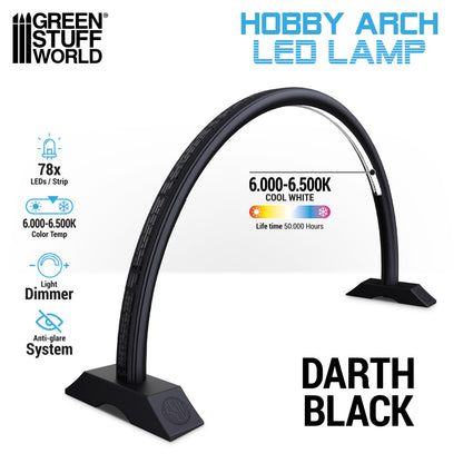 Hobby Arch LED Lamp Darth Black Green Stuff World – czarna łukowa lampa LED na czarnej podstawie, widok z boku, ikony funkcji: 78x LED, 6000-6500K Cool White, dimmer, system antyodblaskowy, żywotność 50 000 godzin, logo GSW
