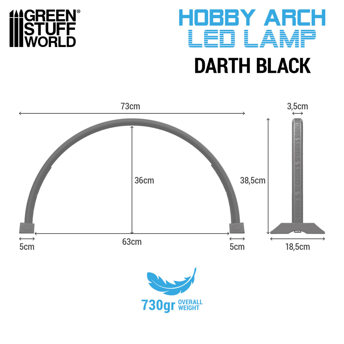 Hobby Arch LED Lamp Darth Black Green Stuff World – schemat wymiarów lampy: szerokość 73cm, wysokość 36cm, głębokość podstawy 18,5cm, wysokość ramienia 38,5cm, grubość ramienia 3,5cm, rozstaw nóg 63cm, waga 730g, logo GSW
