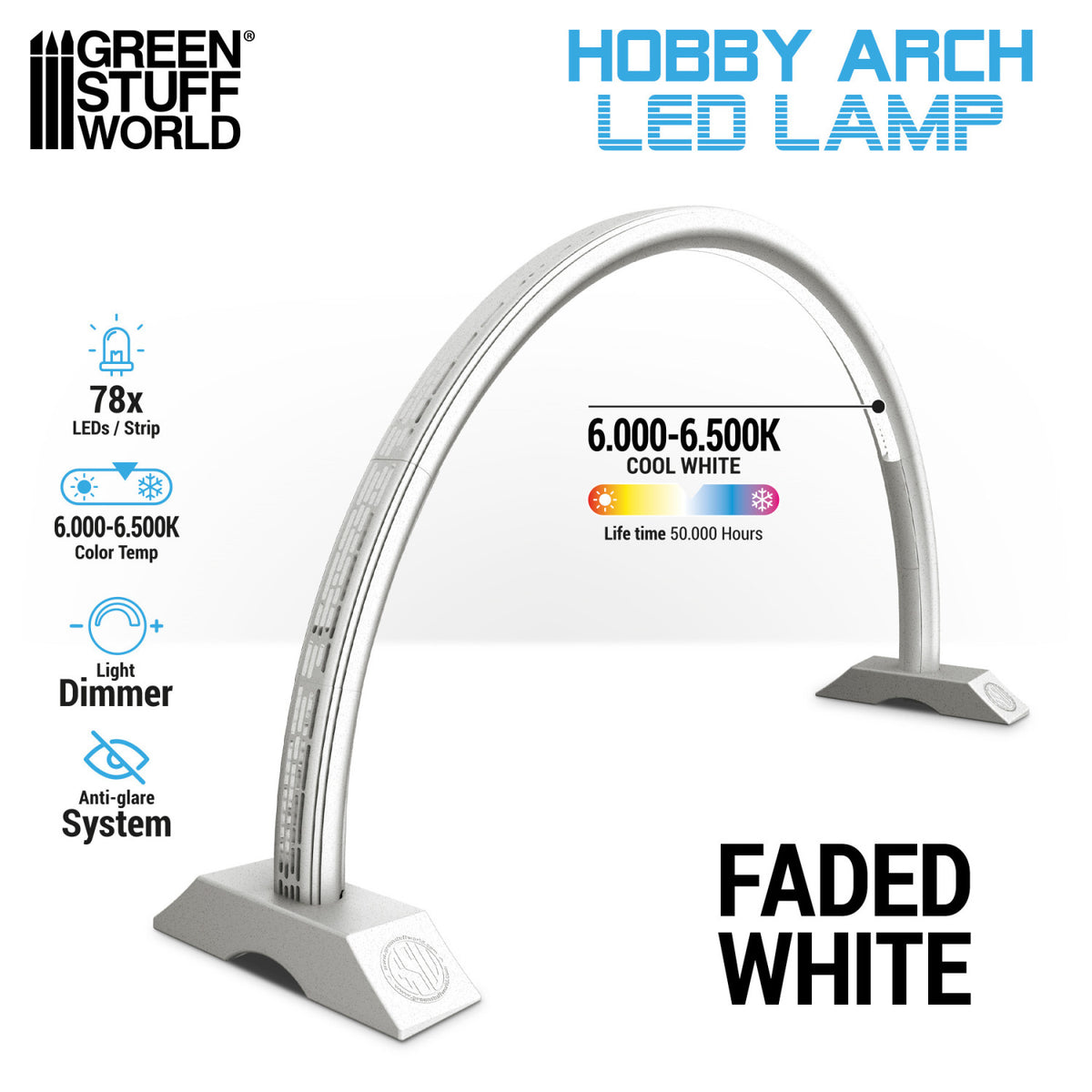 Hobby Arch LED Lamp Faded White Green Stuff World – biała łukowa lampa LED na szarej podstawie, widok z boku, infografika z parametrami: 78x LED, 6000-6500K Cool White, żywotność 50 000 godzin, dimmer, system antyodblaskowy, logo GSW
