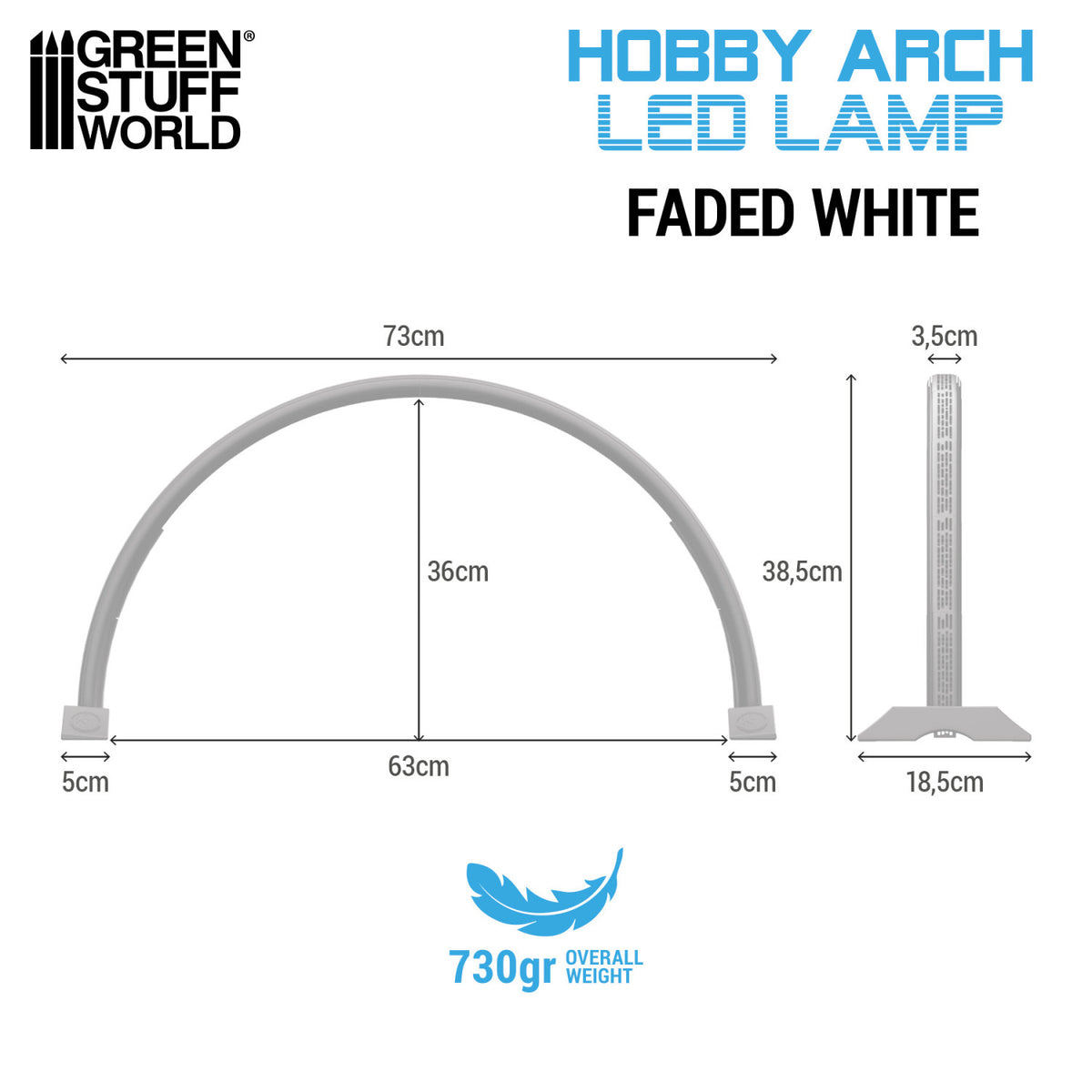 Hobby Arch LED Lamp Faded White Green Stuff World – schemat wymiarów lampy: szerokość 73cm, wysokość 36cm, głębokość podstawy 18,5cm, wysokość ramienia 38,5cm, grubość ramienia 3,5cm, waga 730g, logo GSW
