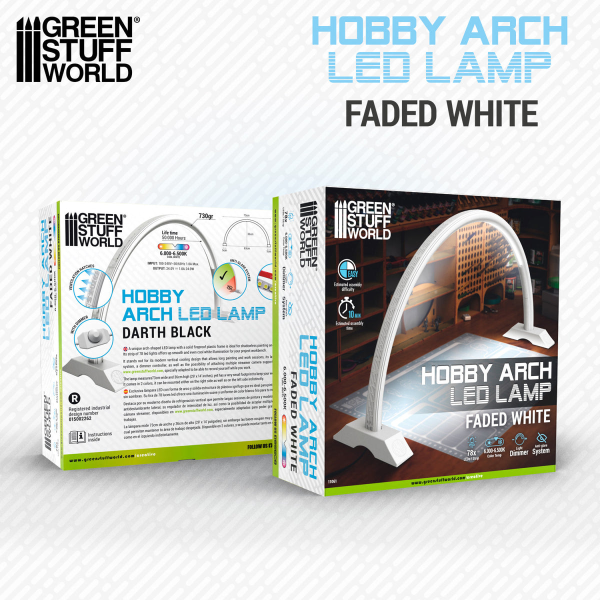 Hobby Arch LED Lamp Faded White Green Stuff World – pudełko produktu z przodu i tyłu, biała łukowa lampa LED na białej podstawie, ikony funkcji: 78x LED, 6000-6500K, dimmer, system antyodblaskowy, czas montażu 10 minut, MPN 11061, logo GSW
