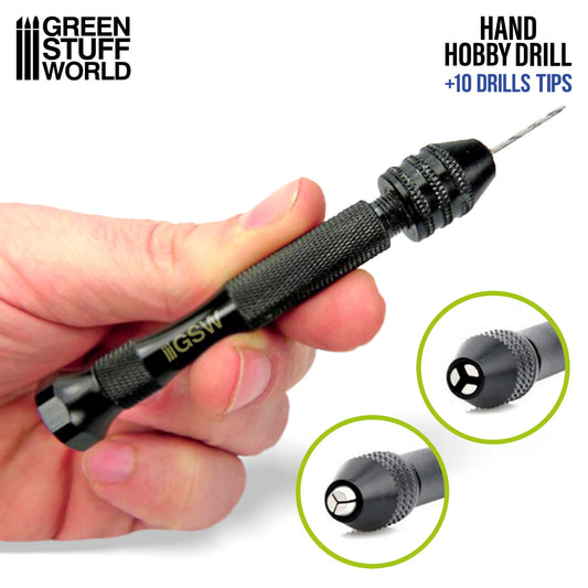 Hobby Hand Drill Green Stuff World – czarna aluminiowa ręczna wiertarka Pin Vise trzymana w dłoni, detal uchwytu szczękowego z dwóch stron, napis "Hand Hobby Drill +10 Drills Tips"

