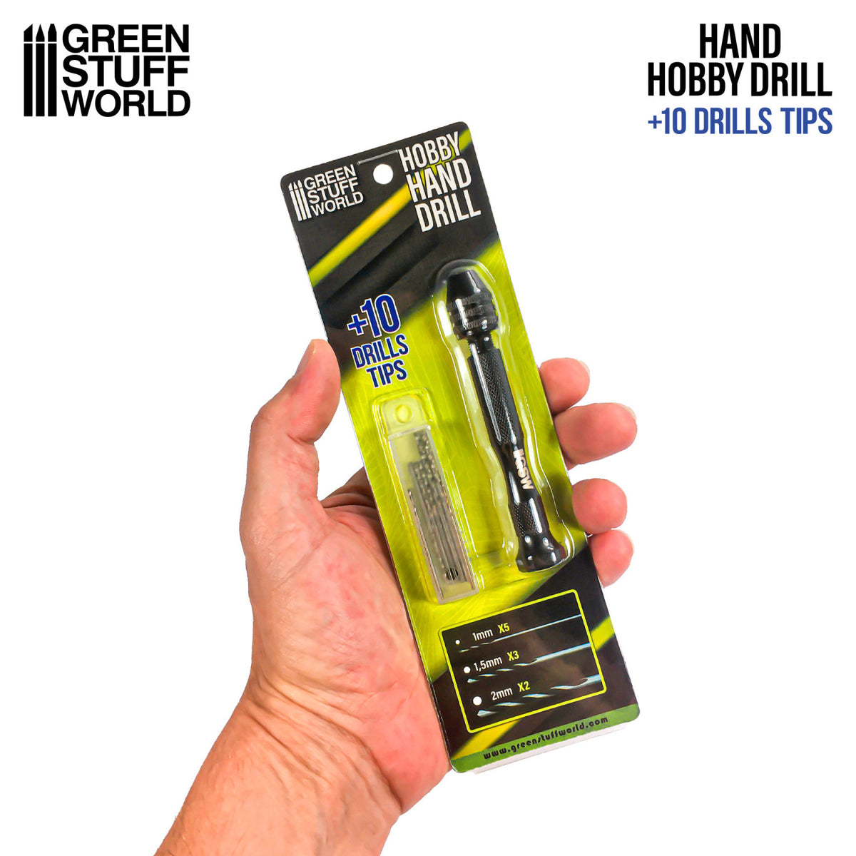 Hobby Hand Drill Green Stuff World – ręczna wiertarka Pin Vise w blistrze trzymana w dłoni, zawartość zestawu: wiertarka + 10 wierteł (1mm x5, 1.5mm x3, 2mm x2), napis "Hand Hobby Drill +10 Drills Tips"
