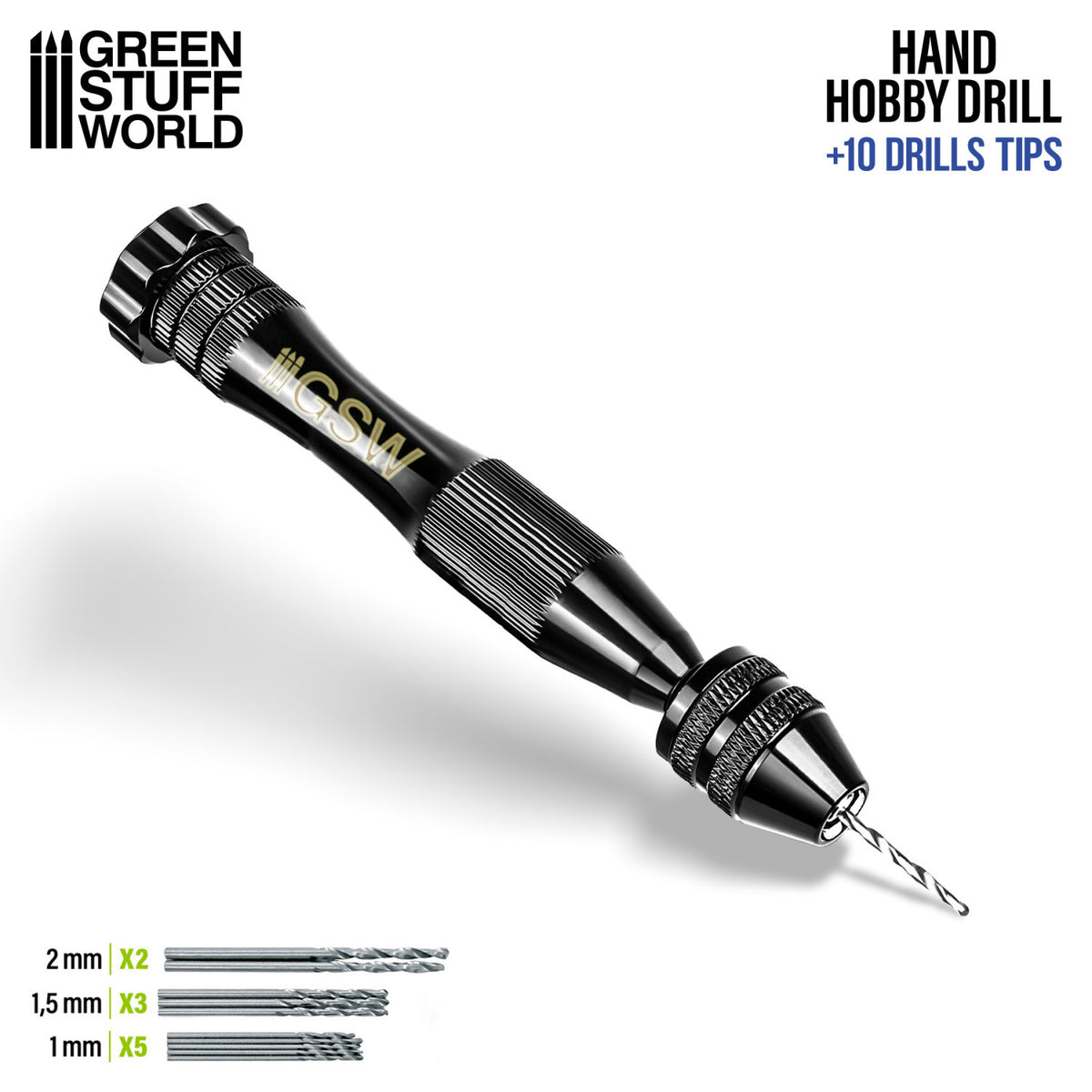 Hobby Hand Drill Green Stuff World – czarna aluminiowa ręczna wiertarka Pin Vise z zamontowanym wiertłem 1mm, zestaw 10 wierteł: 2mm x2, 1.5mm x3, 1mm x5, widok z boku na białym tle, logo GSW
