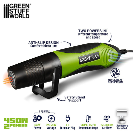 Hot Air Gun 450W Green Stuff World – infografika z opisem funkcji: Anti-Slip Design, Two Powers I/II, Safety Stand Support, Quick Heat Dissipation, ikony: 450W, 220-240V, EU Plug, 280°C-450°C, 150-200L/m, Accessory Included
