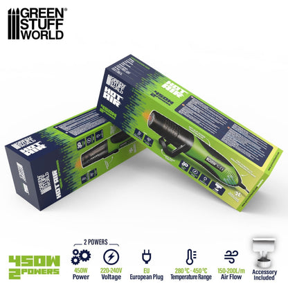 Hot Air Gun 450W Green Stuff World – dwa pudełka produktu z przodu i tyłu, ikony specyfikacji: 450W, 220-240V, EU Plug, 280°C-450°C, 150-200L/m, Accessory Included, napis "Hot Air Gun 450W 2 Powers"
