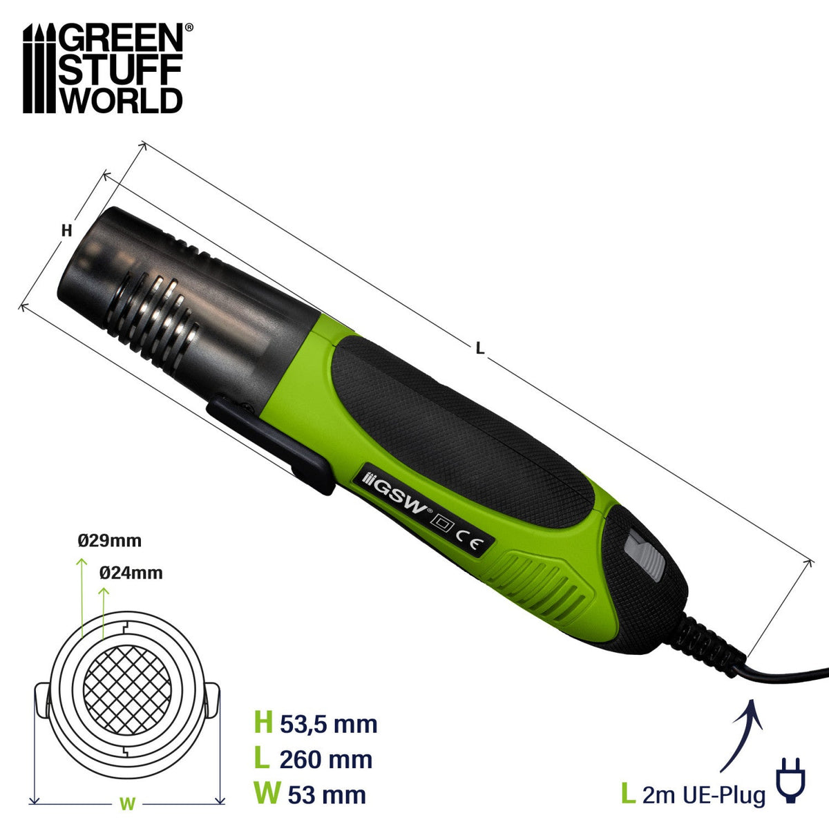 Hot Air Gun 450W Green Stuff World – rysunek techniczny z wymiarami: H 53,5mm, L 260mm, W 53mm, średnica dyszy Ø29mm/Ø24mm, kabel 2m z wtyczką EU, logo GSW CE
