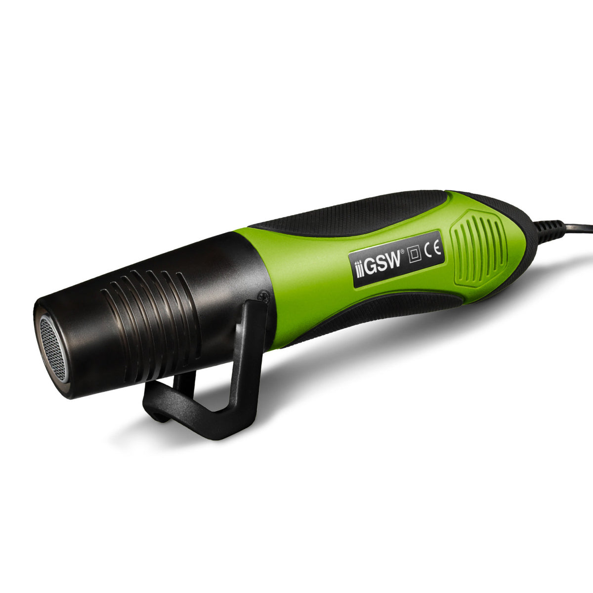 Hot Air Gun 450W Green Stuff World – zielono-czarna opalarka hobbystyczna z wbudowaną podstawką na białym tle, widok z boku, logo GSW CE na obudowie
