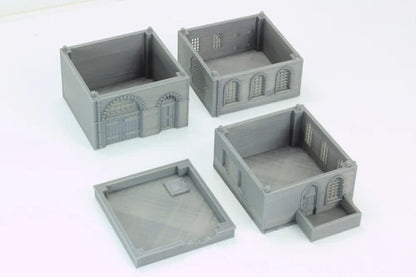 Arab Urban Building Apartments – 4 elementy rozłożone z łukowymi oknami i dachem, teren 28mm Patrick Miniatures
