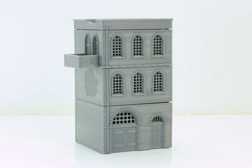 Arab Urban Building Apartments – 3 kondygnacje złożone z łukowymi oknami, widok z przodu, teren 28mm Patrick Miniatures
