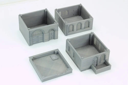 Urban Building Corner House – 4 sekcje rozłożone, widok z góry, teren 28mm Patrick Miniatures
