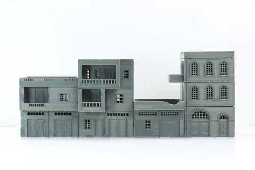 Zestaw 4 arabskich budynków miejskich złożonych, widok z boku, teren 28mm Patrick Miniatures
