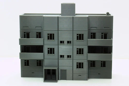 Pripyat Apartment Tower – złożony wieżowiec 4 kondygnacje, widok frontu, teren 28mm Patrick Miniatures
