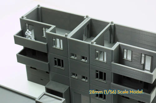 Pripyat Apartment Tower – złożony wieżowiec 4 kondygnacje, widok frontu, teren 28mm Patrick Miniatures
